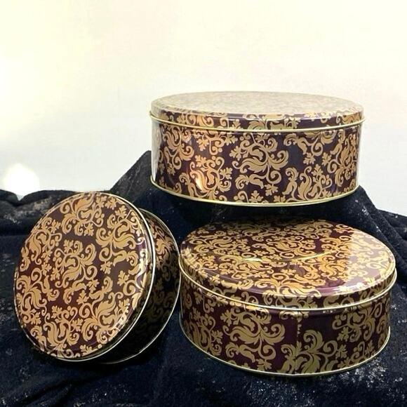 Nesting Tin Set of 3 maroon gold Paisley Filigree Art Deco Storage Organization - Picture 2 of 10